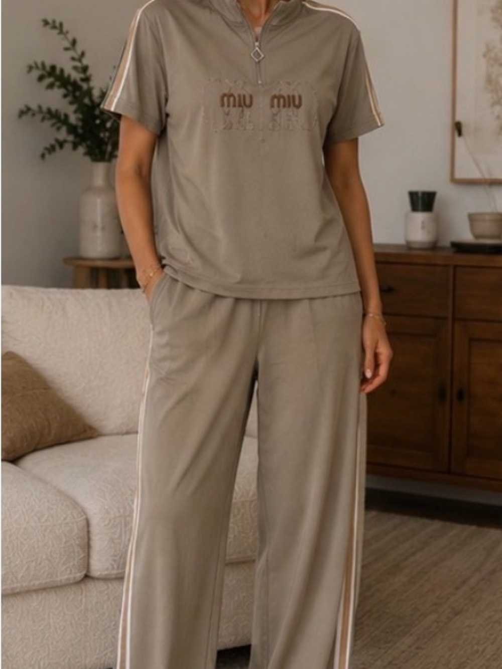 Amina Taupe Short Sleeve Top & Wide Leg Pajama Pants Set| Y2K Sporty Lounge Set